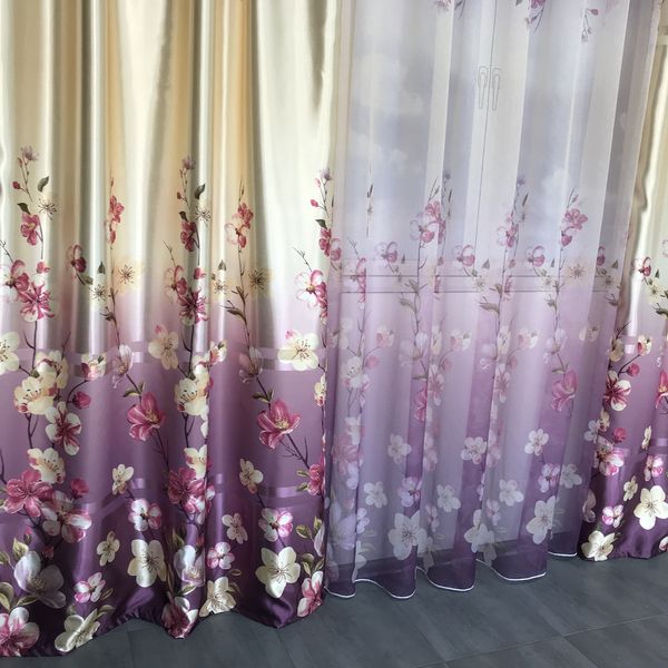 Готові штори омбре Фіолетові (SHT-157-2), набір штори та тюль з квітковим принтом для спальні 1396569321 фото