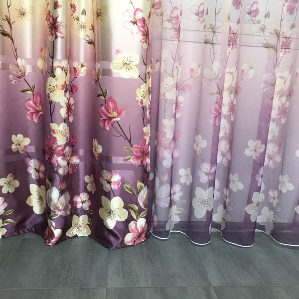 Готові штори омбре Фіолетові (SHT-157-2), набір штори та тюль з квітковим принтом для спальні 1396569321 фото