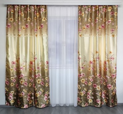 Атласні готові сучасні штори бежеві з квітковим малюнком у дитячу спальню, вітальню, кухню 1421587437 фото