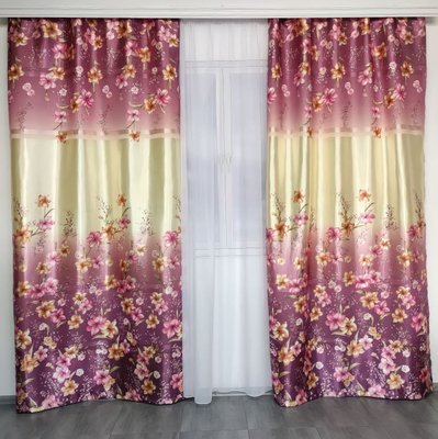 Сучасні двоколірні атласні штори з квітковим малюнком бежево Фіолетові, комплект готових штор 1421587489 фото
