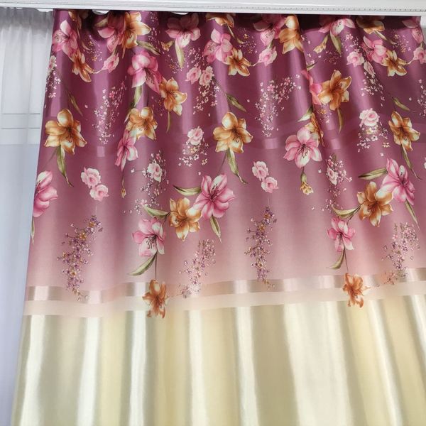 Современные двухцветные атласные шторы с цветочным рисунком бежево Фиолетовые, комплект готовых штор 1421587489 фото