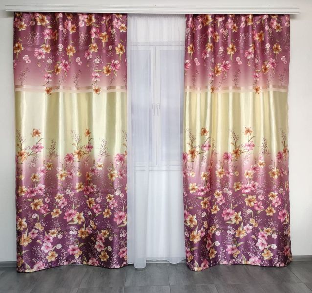 Современные двухцветные атласные шторы с цветочным рисунком бежево Фиолетовые, комплект готовых штор 1421587489 фото