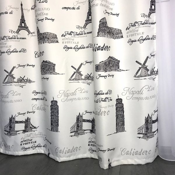 Готові стильні сучасні білі штори атласні з чорним малюнком Міста, (без тюлю) чорно-білі ALBO 1256526069 фото