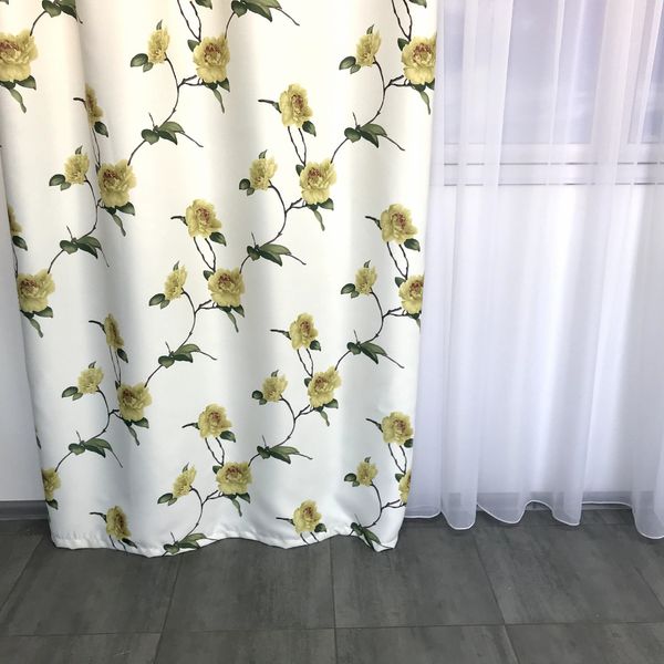 Штори атласні білі з жовтими квітами (SH-614-4) 150*270 см, портьєри для дитячої спальні на тасьмі 1262436755 фото