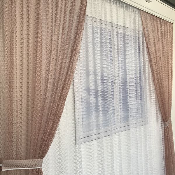 Комплект штор з тюллю, готові штори з гардинами з сітки для дому пудрового кольору 1215035699 фото