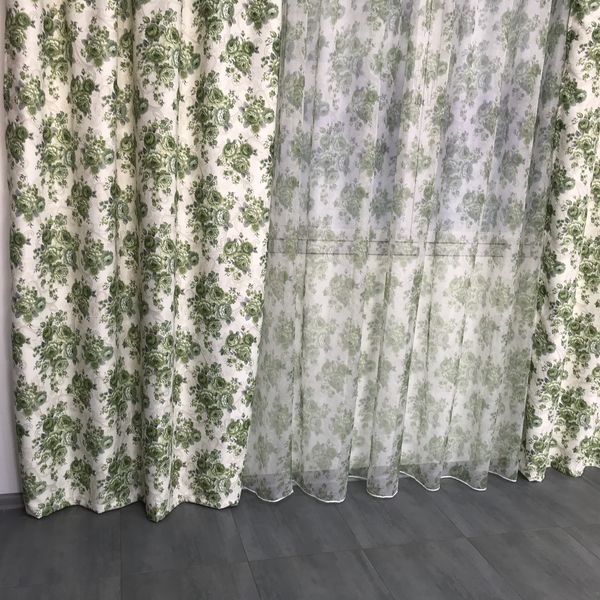 Штори атласні прованс 150x270 cm з тюлем ALBO Кремові з квітковим принтом Зеленого кольору (SHT-631-4) 1227931166 фото
