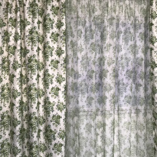 Шторы прованс атласные 150x270 cm с тюлем ALBO Кремовые с цветочным принтом Зеленого цвета (SHT-631-4) 1227931166 фото