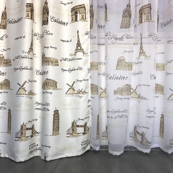 Сучасні стильні молочні штори з принтом Міста та тюль-бальт, комплект на вікно готовий тюль і штори 1256499021 фото