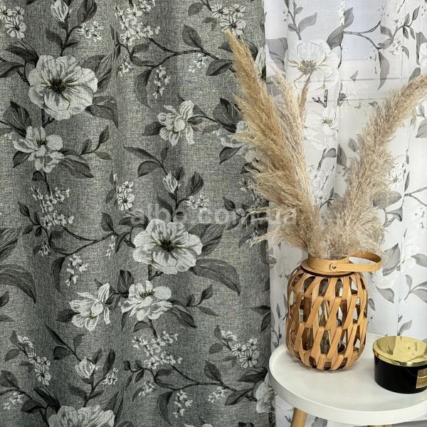 Шторы cерые льняные с батистовым тюлем с цветами ALBO (SHT-M1-622-3) SHT-M1-622-3 фото