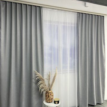 Красивые стильные шторы микровелюр однотонные на тесьме, комплект готовых штор для зала Серые SH-Petek-T-339 фото
