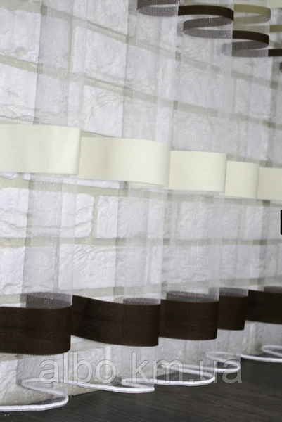 Белая тюль из фатина с оливковыми, молочными и коричневыми полосами на метраж, высота 2,8 м (ROWI-YESIL) 1258176887 фото
