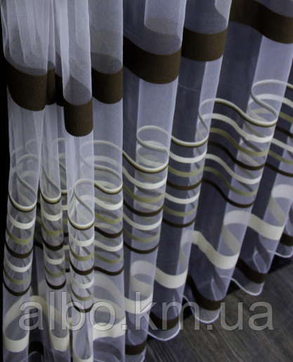 Белая тюль из фатина с оливковыми, молочными и коричневыми полосами на метраж, высота 2,8 м (ROWI-YESIL) 1258176887 фото