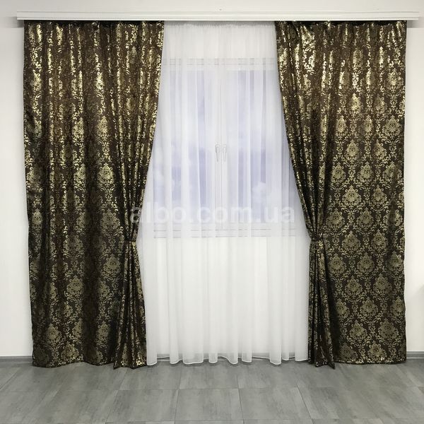 Готовые классические жаккардовые шторы с вензелями Коричневые, комплект штор в гостиную, зал, кабинет, спальню SH-027-6 фото