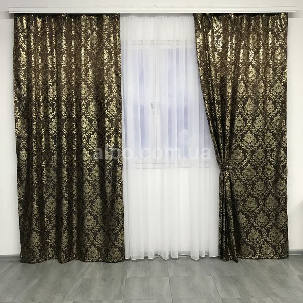 Готовые классические жаккардовые шторы с вензелями Коричневые, комплект штор в гостиную, зал, кабинет, спальню SH-027-6 фото