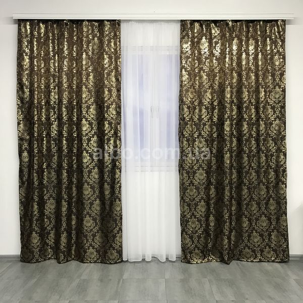 Готовые классические жаккардовые шторы с вензелями Коричневые, комплект штор в гостиную, зал, кабинет, спальню SH-027-6 фото