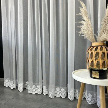 Фатинова тканина білого кольору з вишивкою знизу висота 3м (12270 beyaz) 12270 beyaz фото