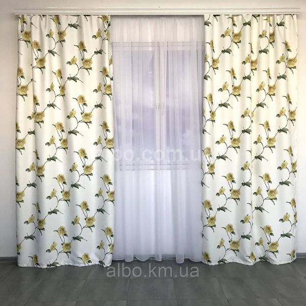 Штори атласні білі з жовтими квітами (SH-614-4) 150*270 см, портьєри для дитячої спальні на тасьмі SH-614-4 фото