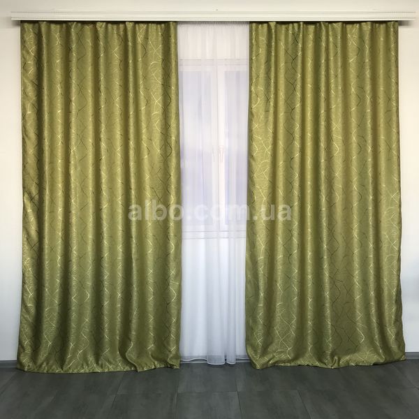 Оливкові однотонні готові штори льон&nbsp;з візирунком 150*270см, з тюлем (SHTN-M17-15) SHTN-M17-15 фото