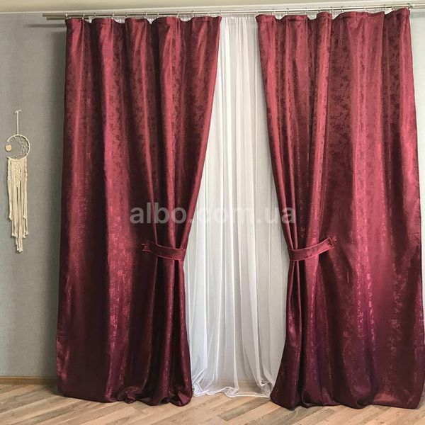 Готові однотонні штори жакард ALBO Бордові, комплект порт'єр із підхопленнями на вікно в зал, кабінет SH-C33-7 фото