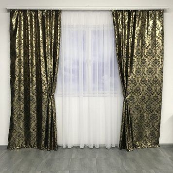 Готовые современные жаккардовые золотистые шторы классика с вензелями в гостиную, зал, кабинет, спальню SH-027-8 фото