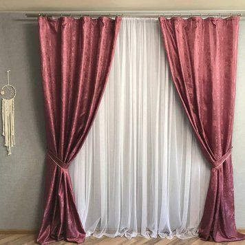 Красивые стильные малиновые шторы портьеры жаккард ALBO однотонные, комплект штор на окно с подхватами SH-C33-13 фото