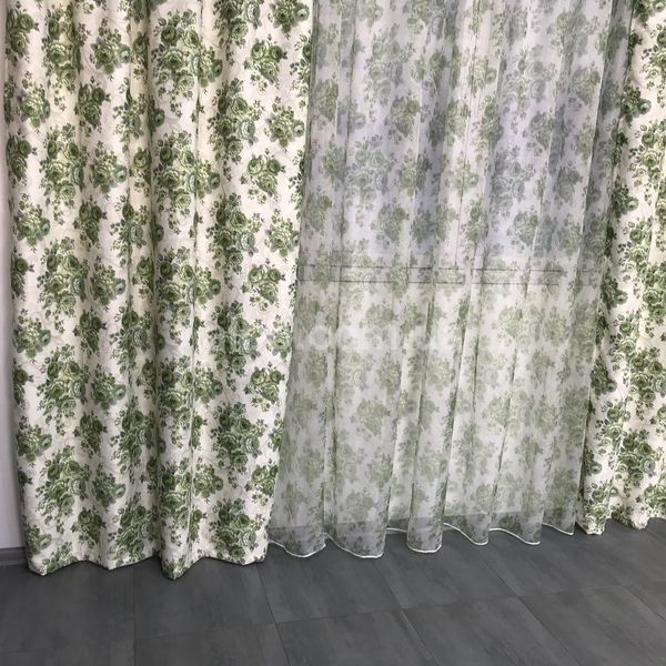 Штори атласні прованс 150x270 cm з тюлем ALBO Кремові з квітковим принтом Зеленого кольору (SHT-631-4) SHT-631-4 фото