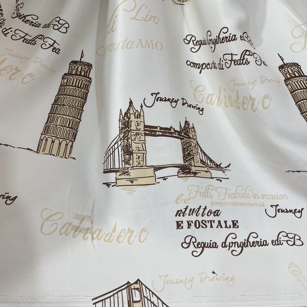 Атласна тканина із принтом "міста" у молочному кольорі з коричневим візерунком, висота 2.8 м (620-3) 1357994355 фото