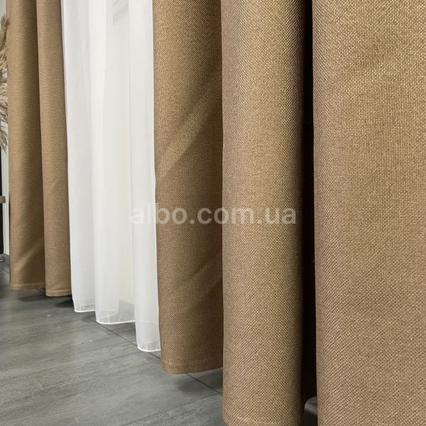Щільні готові штори льон блекаут світло-коричневі Горіхові з тюлем, стильні однотонні портьєри blackout від сонця SHTN-M5-20 фото